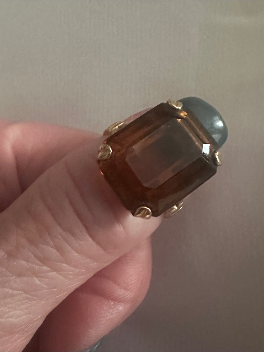 “AVON” Stamped Gold-Tone Women's Cocktail Ring with Amber Gemstone {Early 80’s}